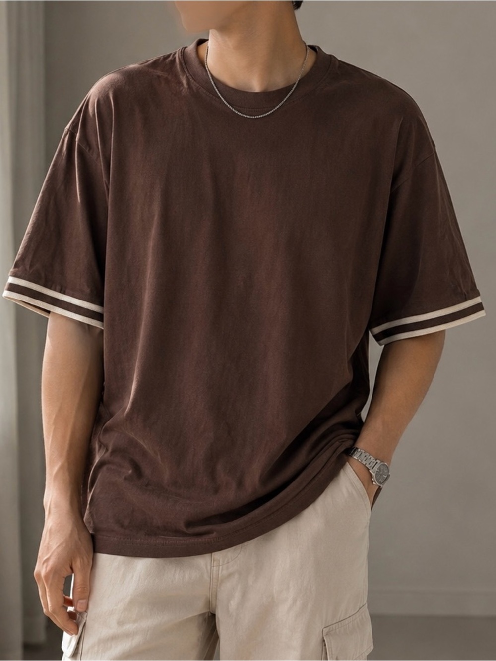 Tahari Brown Short-Sleeve Crewneck Tee with Contrast Sleeve Stripes